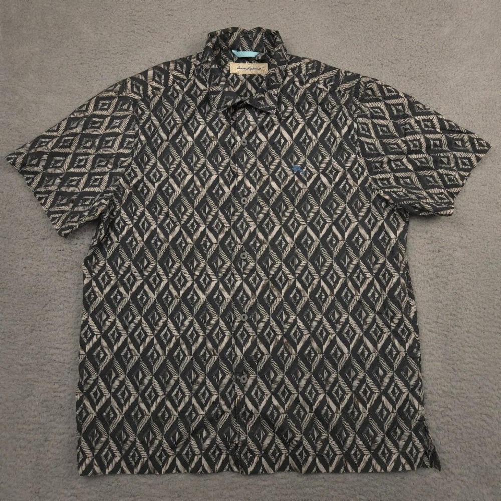 Tommy Bahama Geometric Button Down Shirt Mens Large Black Beige Short Sleeve‎